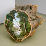 Bucolic landscapes painted on the surfaces of cut tree trunks by Alison Moritsugu