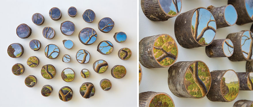 Bucolic Landscapes Painted On The Surfaces Of Cut Tree Trunks By Alison Moritsugu 1