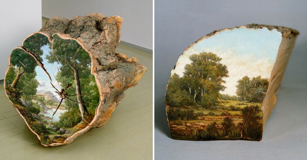 Bucolic Landscapes Painted On The Surfaces Of Cut Tree Trunks By Alison Moritsugu 1