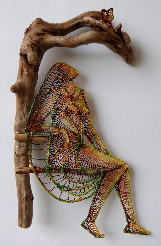 Figure Lace Sculptures Attached To Sticks And Pieces Of Found Wood By Agnes Herczeg 13
