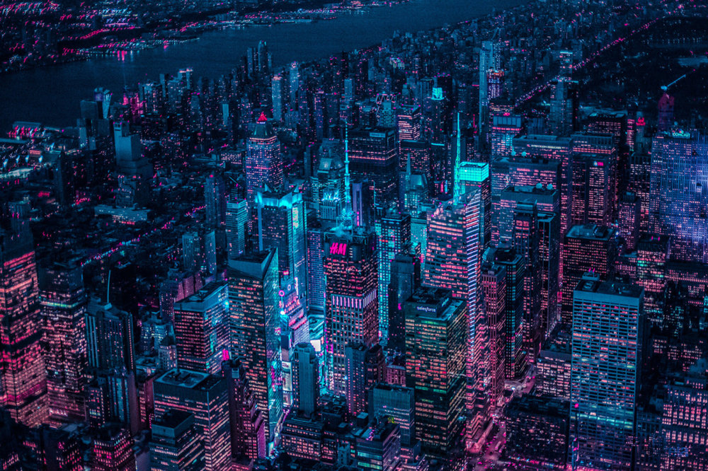 New York Glow II: New York from above in neon colors by Xavier Portela