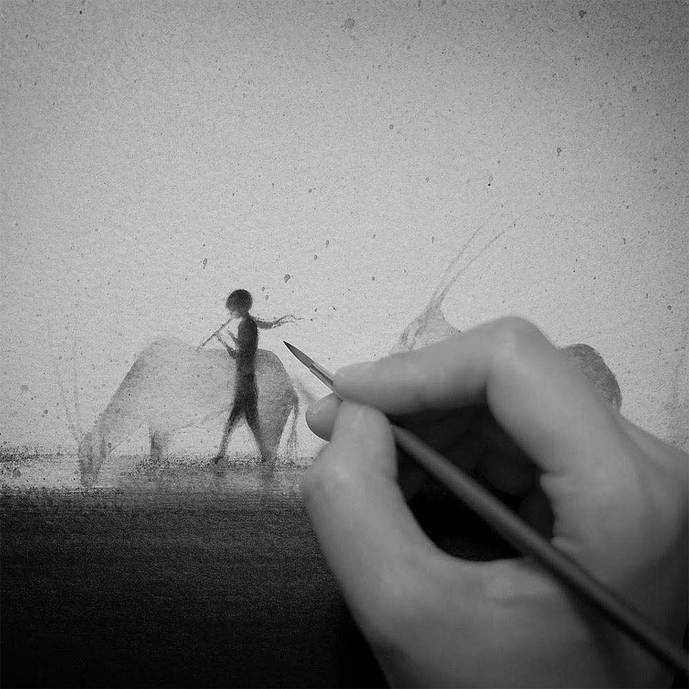 Dreamy Black And White Watercolors That Depict A Unique Connection Between Animals And Children By Elicia Edijanto 2