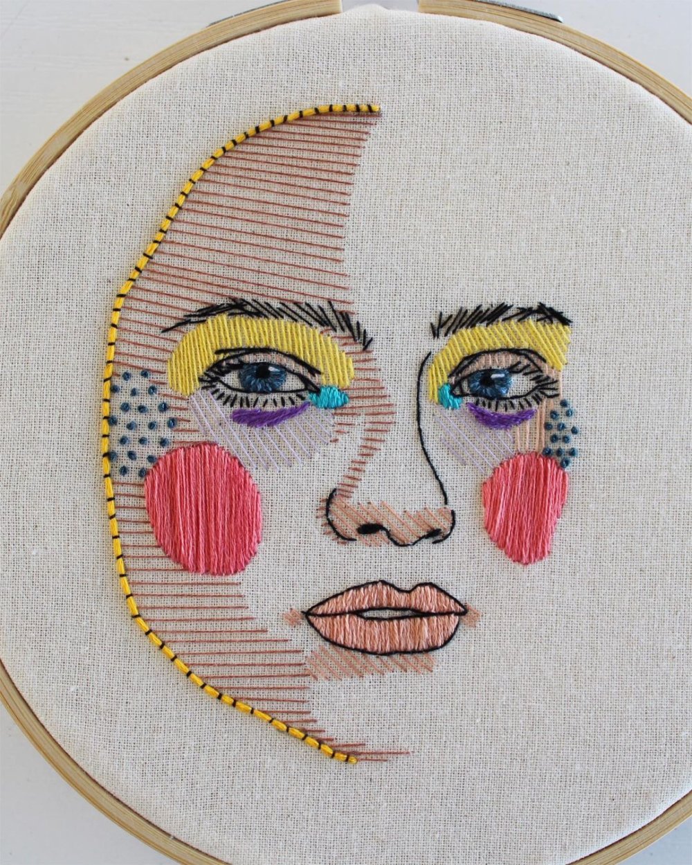 Expressive Embroidered Portraits Composed Of Colorful Lines And Stitches By Brenda Risquez 2
