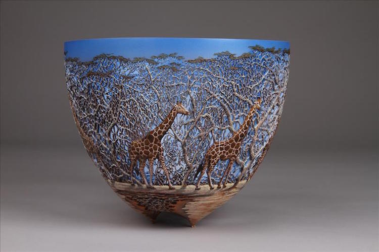 Superb Wood Vases Carved With Intricate Wildlife Landscapes By Gordon Pembridge 2