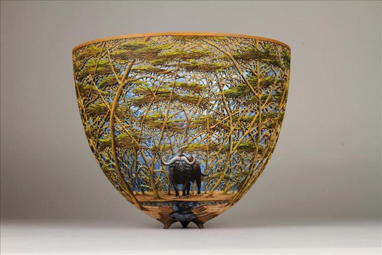 Superb Wood Vases Carved With Intricate Wildlife Landscapes By Gordon Pembridge 3