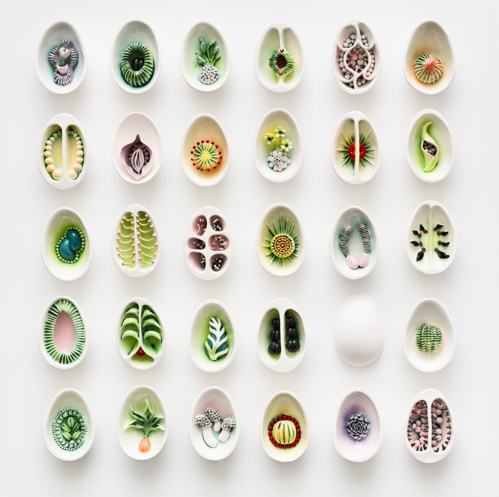 Delicate Porcelain Sculptures Of Cross Cut Pods Encased With Seeds And Other Vegetables By Sally Kent 1
