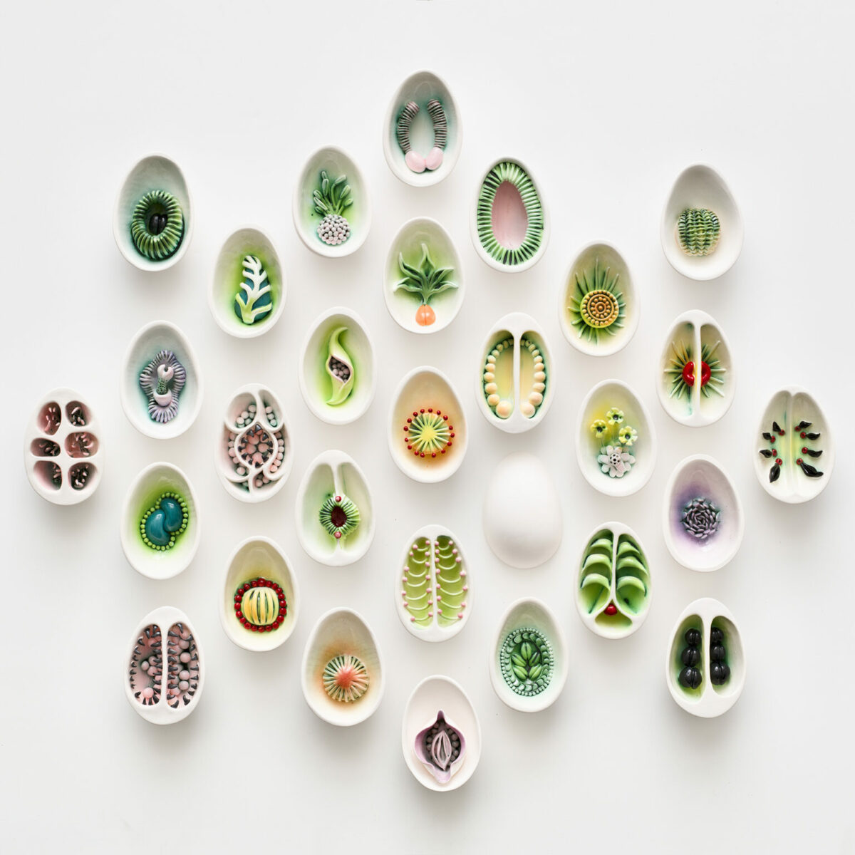 Delicate Porcelain Sculptures Of Cross Cut Pods Encased With Seeds And Other Vegetables By Sally Kent 3
