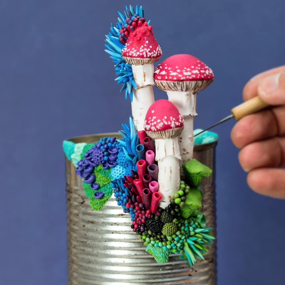 Discarded Objects Populated With Colorful Plant Coral And Fungus Sculptures By Stephanie Kilgast 7
