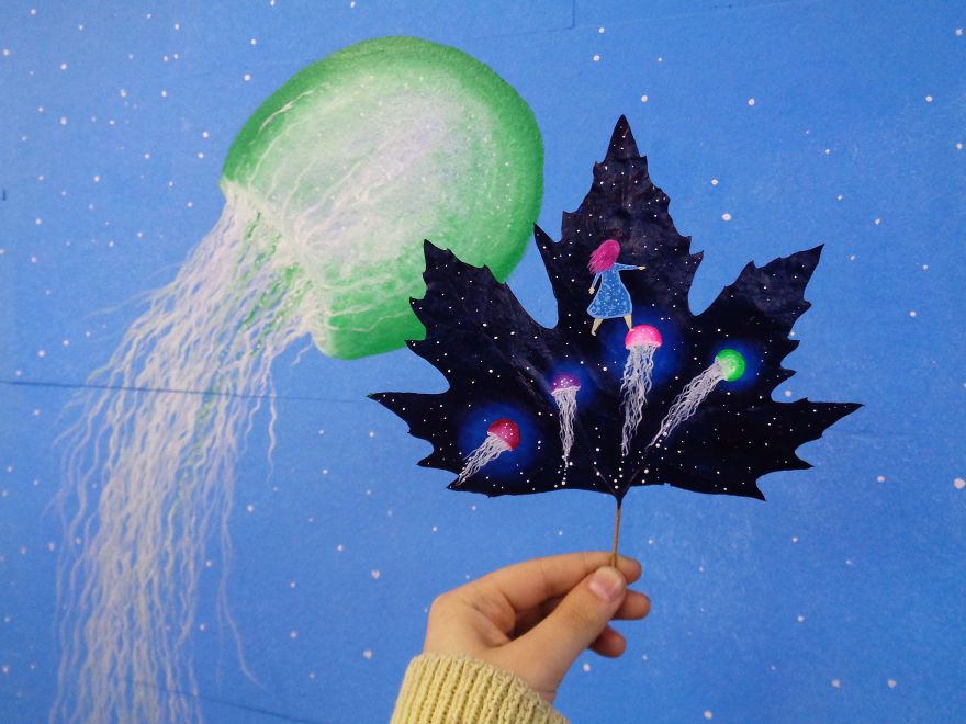 Fallen Leaves Transformed Into Canvases For Lovely Paintings By Nancy Woland And Beka Zaridze 10