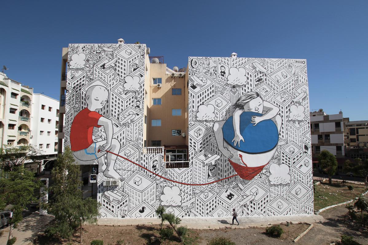Wonderful black and white cartoon murals in large scale by Millo