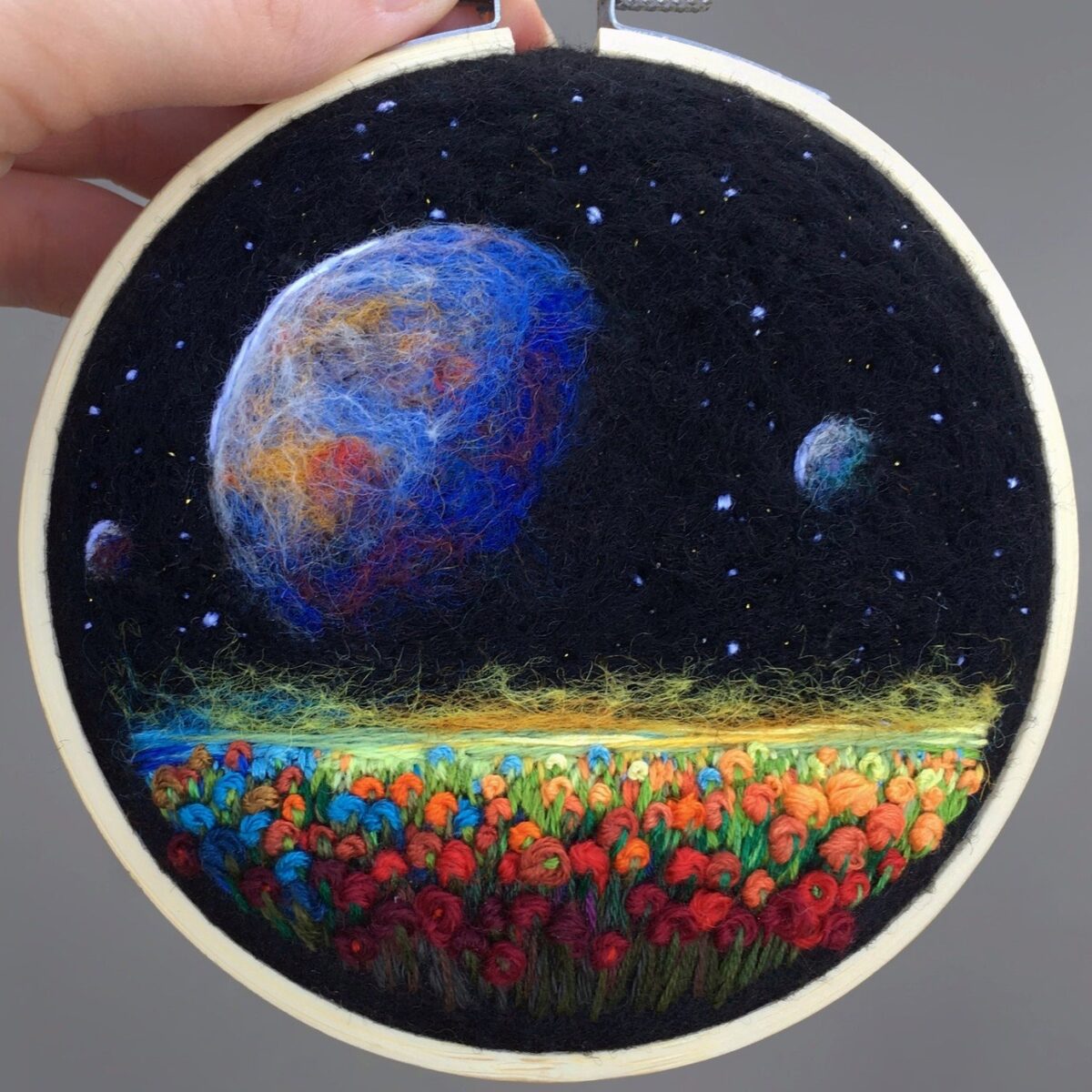 Lush Night Sky Landscape Needle Felted And Embroidered Art Hoops By Yuliya Krishchik 4