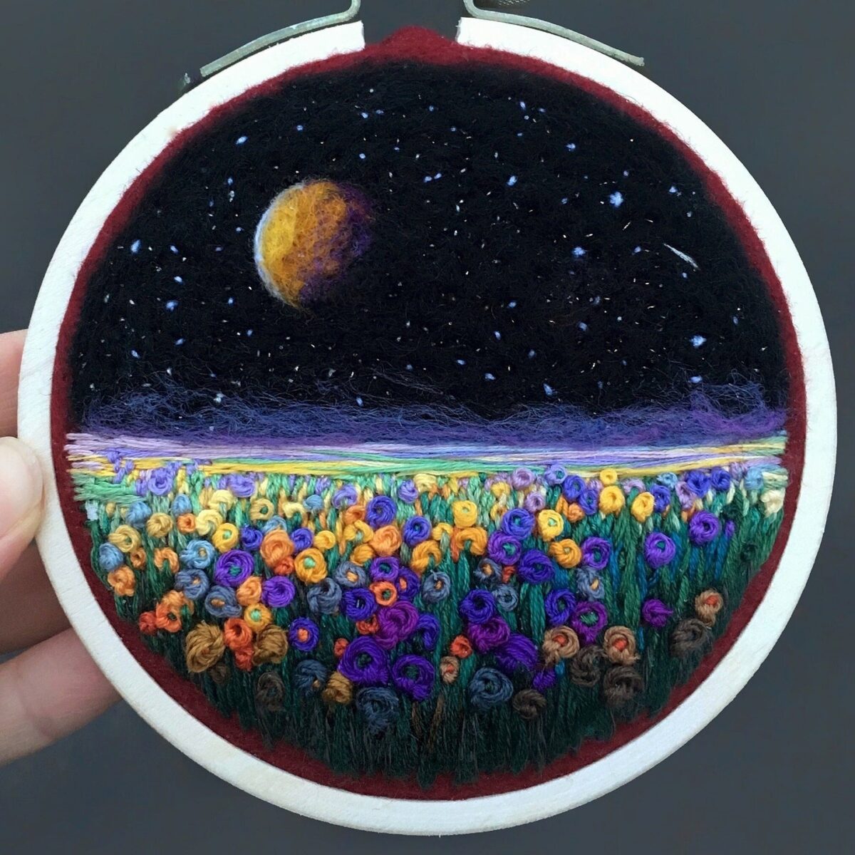 Lush Night Sky Landscape Needle Felted And Embroidered Art Hoops By Yuliya Krishchik 8