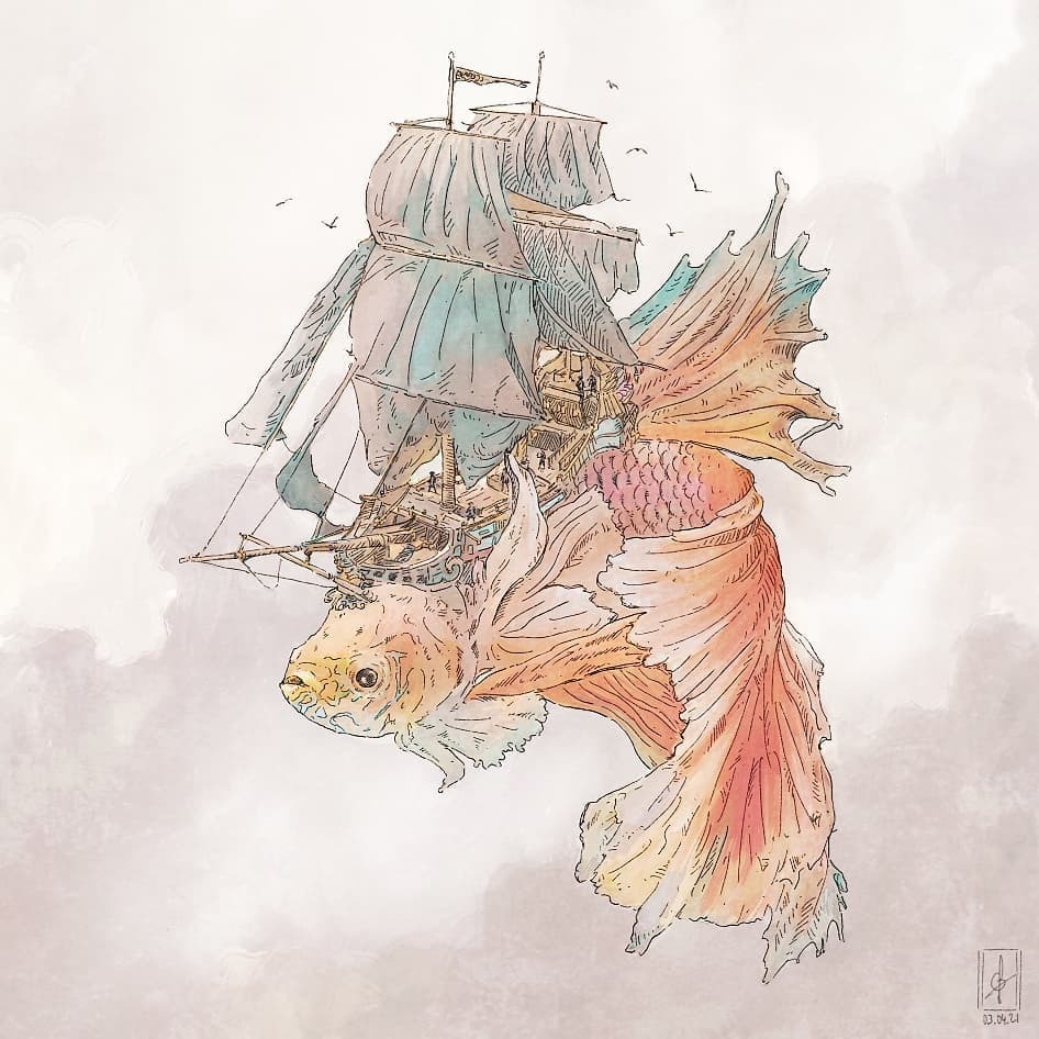 Marvelous Surrealistic Illustrations Of Marine Animals Floating In The Air By Gregory Fromenteau 11