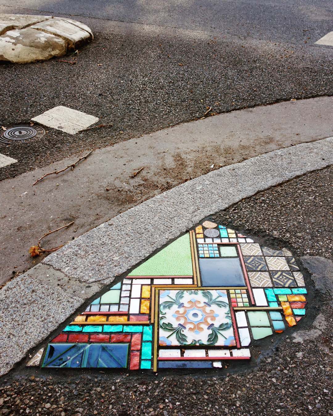 Fractured Sidewalks Pavements And Walls Repaired With Vibrant Tiled Mosaics By Ememem 19