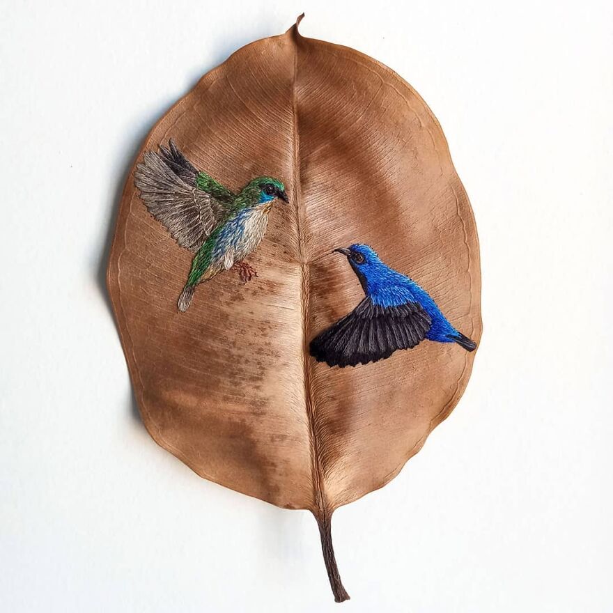 Gorgeous Figures Embroidered On Leaves By Laura Dalla Vecchia 5