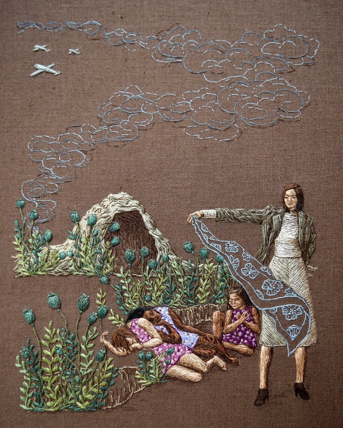 Fascinating Embroidered Scenarios Of Minimalist Landscapes With Introspective People By Michelle Kingdom 11