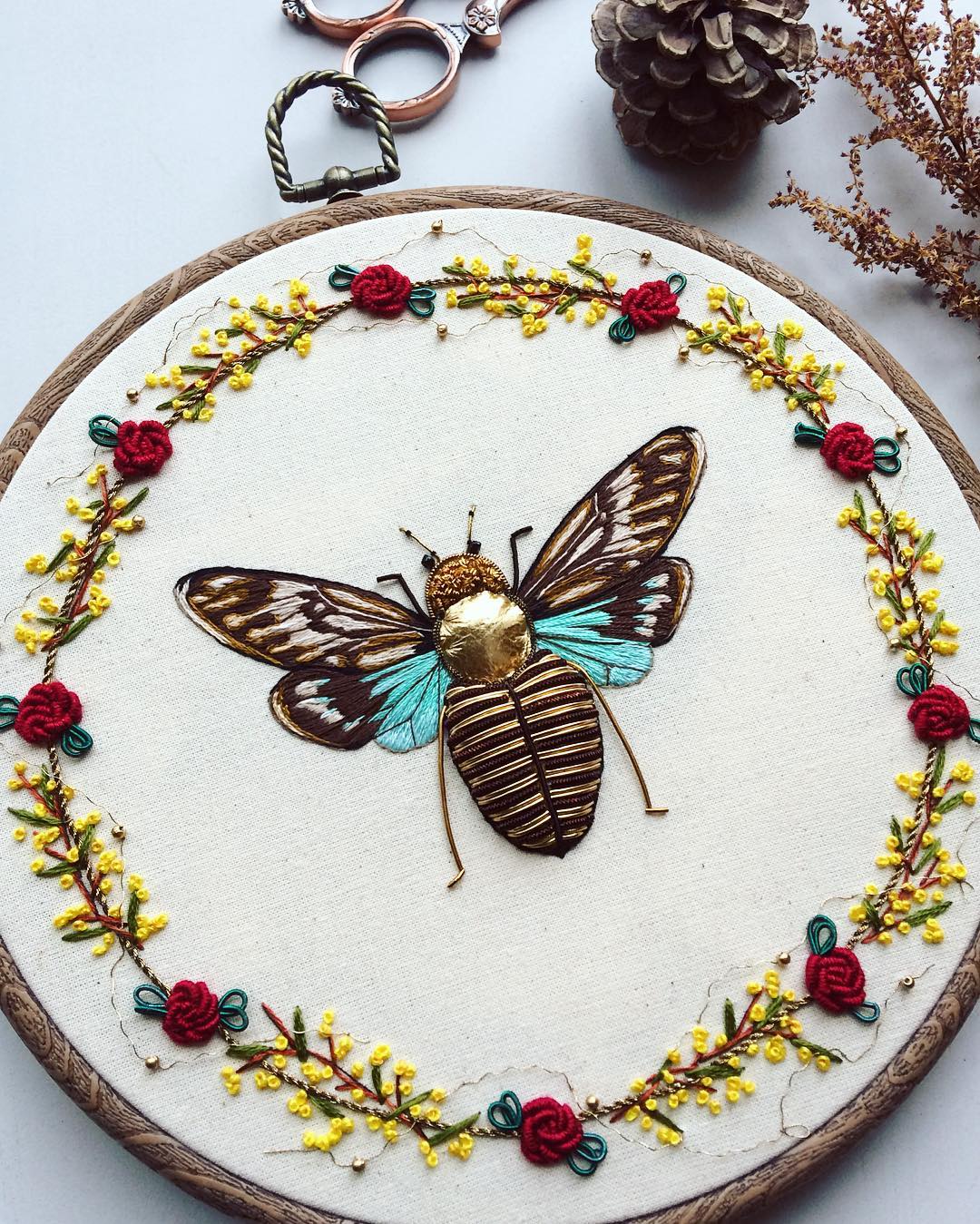 Beautiful Bird And Insect Embroideries Decorated With Metallic Beads By Humayrah Bint Altaf 5