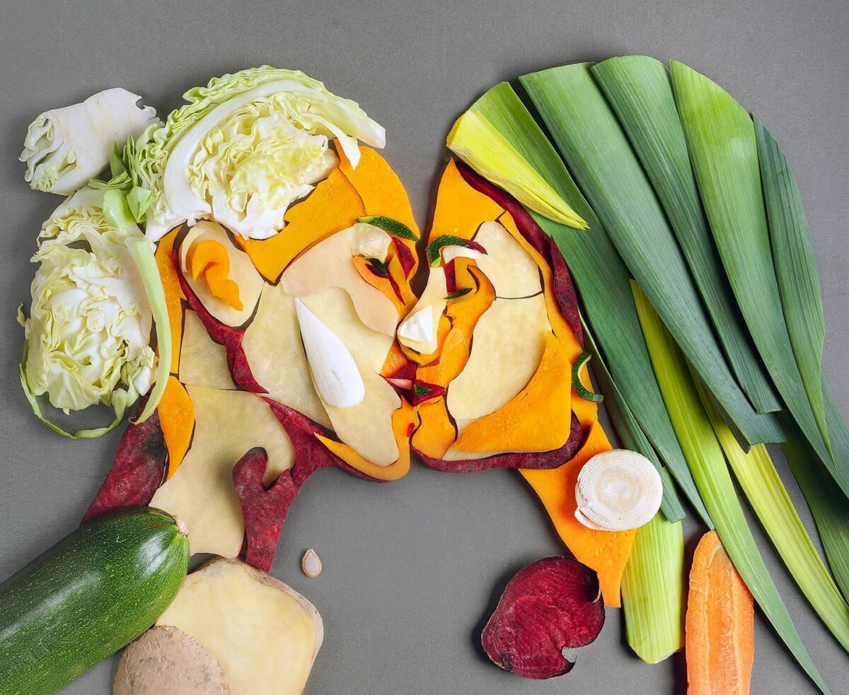 Striking vegetable portraits of couples kissing by Jolita Vaitkutė