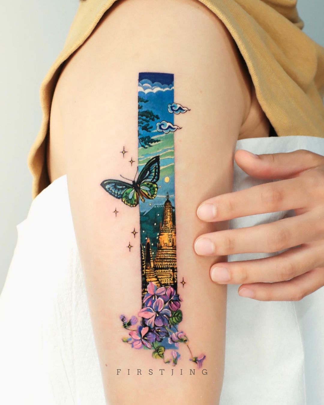 Amazingly intricate and colorful vertical tattoos by Jing
