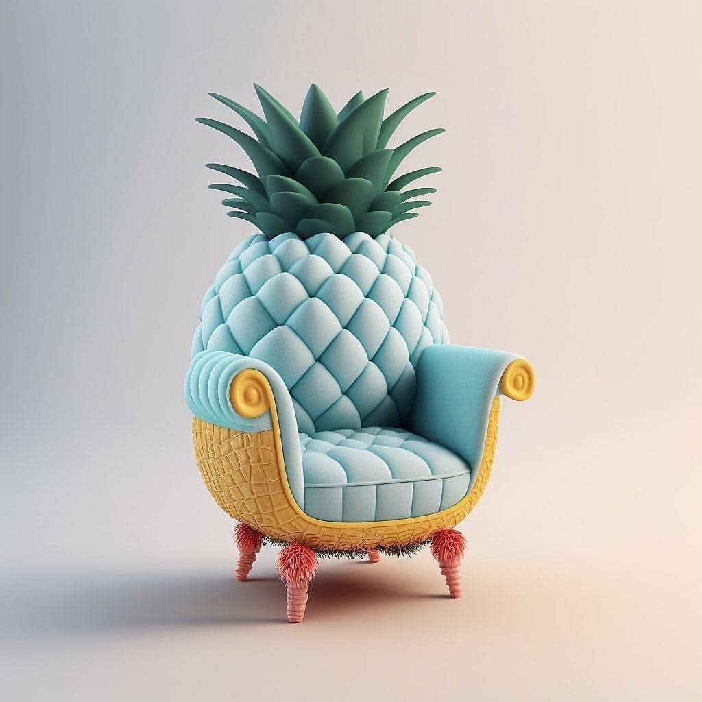 Playful conceptual AI-generated chairs inspired by fruits and vegetables, imagined by Bonny Carrera