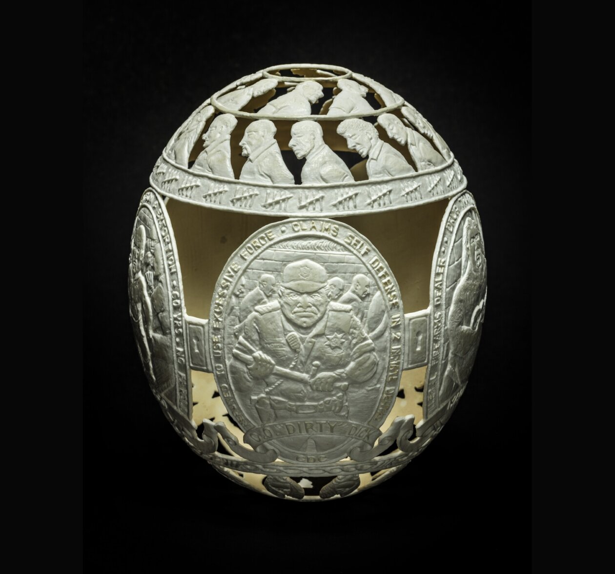 Intricate carvings on ostrich eggs by Gil Batle