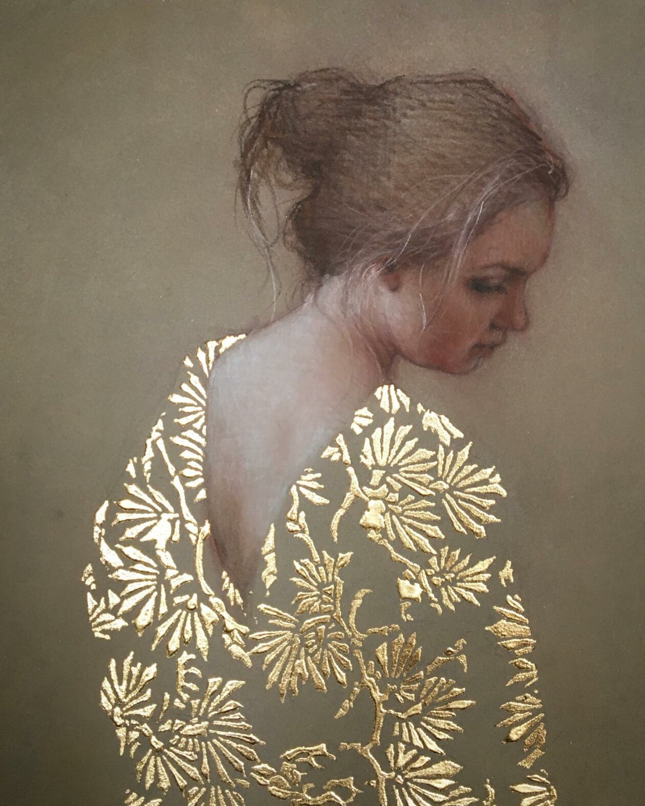 Realistic figurative paintings with gold ornaments by Stephanie Rew
